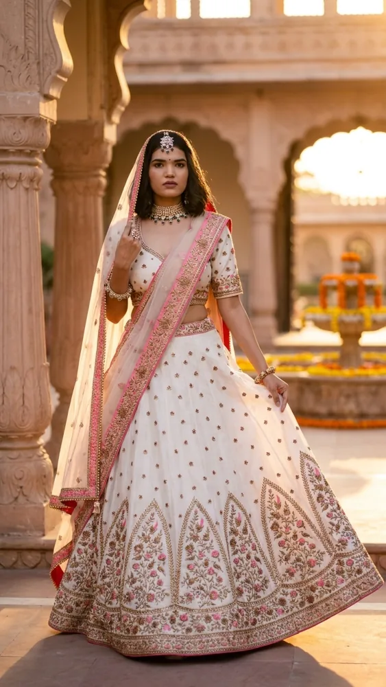 Bridal portrait in a marigold courtyard — Blush Pastel Bridal Lehenga with sheer veil at golden hour